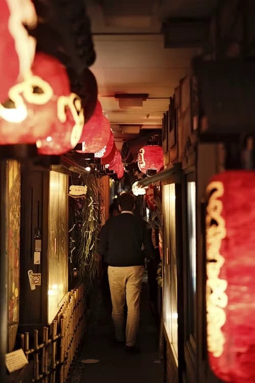 A person walking through a narrow Japanese passage lit by red lanterns.